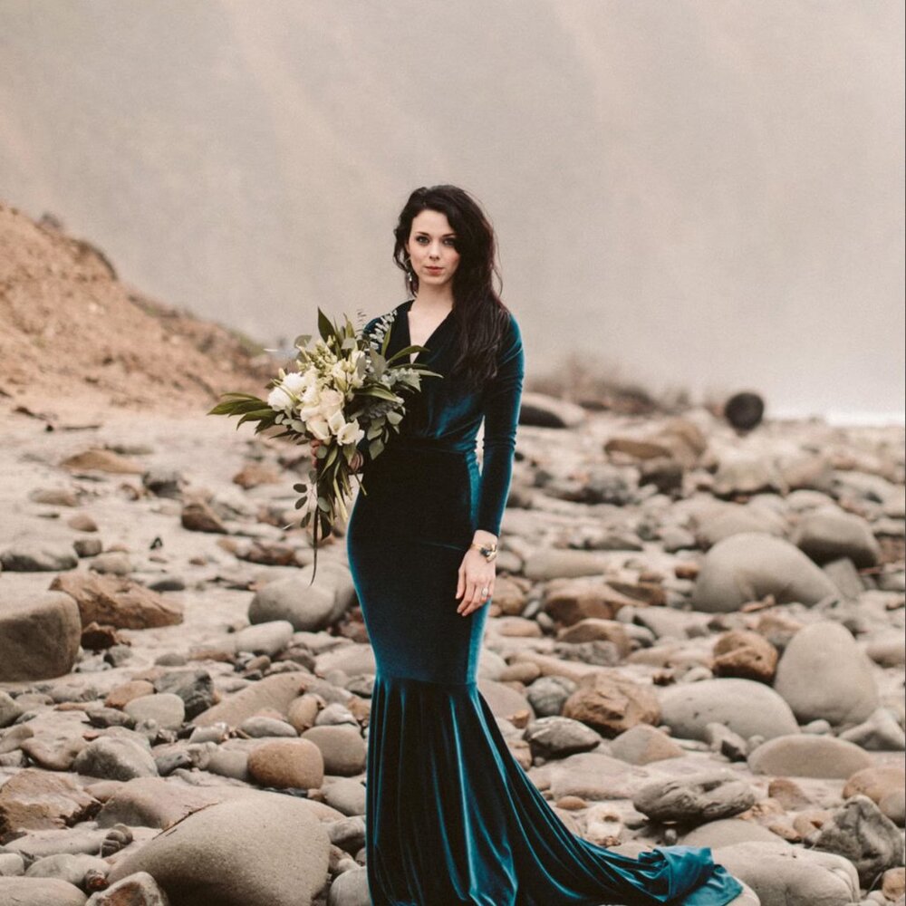 Velvet Deep Teal Plunge Neck Mermaid Gown